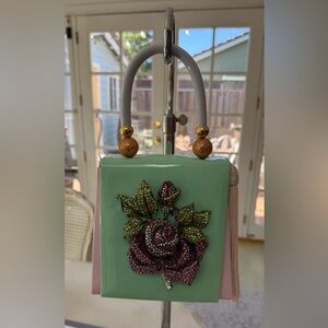 Mint Green Mini Box Bag with Pink Floral Appliqué and Tassels
